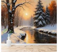 3D Papier Peint Beauté Forêt Hivernale Rivière Lueurs Du Couchant Paysage | Soie Texturée Haut de Gamme Idéale Pour le Bureau la Salle à Manger Salon Chambre Canapé et Décoration Murale-400cm×280cm
