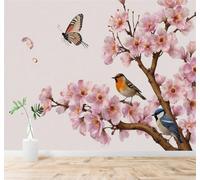 3D Papier Peint Beauté Printemps Cerisiers En Fleurs Roses Petits Oiseaux | Tissu en Soie Véritable à la Texture Raffinée Adapté au Salon Chambre Bureau Salle Manger et Mur Derrière le TV-250cm×170cm