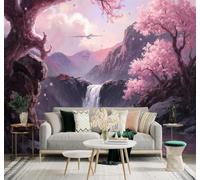 3D Papier Peint Beaux Cerisiers En Fleurs Roses Sommets Cascade Coucher | Texture Soyeuse Haut de Gamme Adaptée au Bureau à la Salle Manger au Coin Canapé Chambre Salon et Mur Derrière TV-150cm×105cm