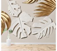 3D Papier Peint Blanc Doré Plantes Tropicales Art Feuilles De Palmier | Texture Soyeuse Haut de Gamme Adaptée au Bureau à la Salle Manger au Coin Canapé Chambre Salon et Mur Derrière TV-200cm×140cm