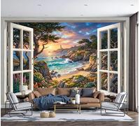 3D Papier Peint Bleu Brunâtre Vue Du Coucher De Soleil Par La Fenêtre 250X170Cm Papier Peint Panoramique Mural Paysages Naturels Affiche Décoration Pour Salon Chambre Chambre Décoration Murale