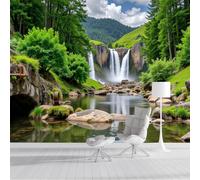 3D Papier Peint Cascade De La Forêt, 450x315cm Papier Peint Panoramique Falaises Rocheuses Papiers Mural pour Salon Chambre Chambre D'Enfant Décoration Murale, Vert Émeraude