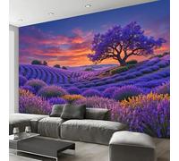 3D Papier Peint Champ De Lavande Au Coucher Du Soleil Violet Papier Peint Panoramique Pour Salon Chambre Salon Mural Fresque Poster Xxl Paysage Onirique Fond Décoration Murale 350X256Cm (L X H)