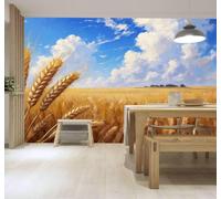 3D Papier Peint Champs De Blé Dorés Ciel Bleu Nuages Blancs Arbres Verts | Texture Soyeuse Haut de Gamme Adaptée au Bureau à la Salle Manger au Coin Canapé Chambre Salon et Mur Derrière TV-300cm×210cm