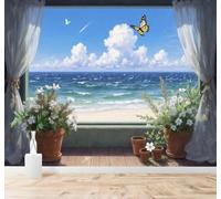 3D Papier Peint Ciel Bleu Nuages Blancs Fleurs Papillons Vue Sur La Mer | Texture Soyeuse Haut de Gamme Adaptée au Bureau à la Salle Manger au Coin Canapé Chambre Salon et Mur Derrière TV-350cm×256cm