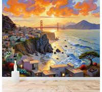 3D Papier Peint Coucher De Soleil Ville Côtière Pont Vagues Ciel Coloré | Texture Soyeuse Haut de Gamme Adaptée au Bureau à la Salle Manger au Coin Canapé Chambre Salon et Mur Derrière TV-350cm×256cm