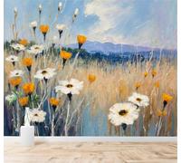 3D Papier Peint Dessin À La Main Ciel Bleu Blanc Jaune Fleurs Sauvages | Tissu en Soie Véritable à la Texture Raffinée Adapté au Salon Chambre Bureau Salle Manger et Mur Derrière le TV-400cm×280cm