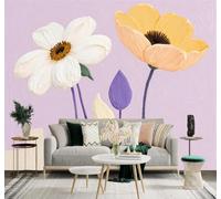 3D Papier Peint Dessin À La Main Fleurs Blanches Et Jaunes Abstrait Violet | Tissu en Soie Véritable à la Texture Raffinée Adapté au Salon Chambre Bureau Salle Manger et Mur Derrière le TV-350cm×256cm