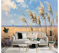 3D Papier Peint Dessin À La Main Paysage Côtier Roseaux Dorés Ciel Bleu | Texture Soyeuse Haut de Gamme Adaptée au Bureau à la Salle Manger au Coin Canapé Chambre Salon et Mur Derrière TV-250cm×170cm