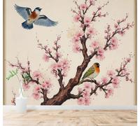 3D Papier Peint Dessin À La Main Petits Oiseaux Cerisiers En Fleurs Fleurs | Soie Texturée Haut de Gamme Idéale Pour le Bureau la Salle à Manger Salon Chambre Canapé et Décoration Murale-400cm×280cm