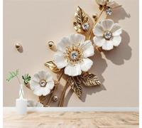 3D Papier Peint Élégance Fleurs Blanches Luxe Diamants Feuilles Dorées | Soie Texturée Haut de Gamme Idéale Pour le Bureau la Salle à Manger Salon Chambre Canapé et Décoration Murale-350cm×256cm