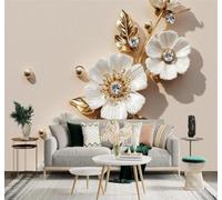 3D Papier Peint Élégance Fleurs Blanches Luxe Diamants Feuilles Dorées | Texture Soyeuse Haut de Gamme Adaptée au Bureau à la Salle Manger au Coin Canapé Chambre Salon et Mur Derrière TV-200cm×140cm
