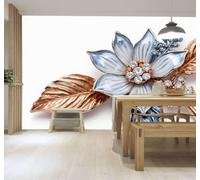3D Papier Peint Élégance Pétales Bleus Feuilles Dorées Luxe Fleurs Cristal | Texture Soyeuse Haut de Gamme Adaptée au Bureau à la Salle Manger au Coin Canapé Chambre Salon et Mur Derrière TV-430cm×300cm