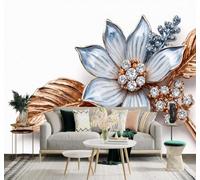 3D Papier Peint Élégance Pétales Bleus Feuilles Dorées Luxe Fleurs | Soie Texturée Haut de Gamme Idéale Pour le Bureau la Salle à Manger Salon Chambre Canapé et Décoration Murale-150cm×105cm