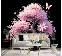 3D Papier Peint En Trois Dimensions Fleurs Roses Arbres Papillons Fond Noir | Tissu en Soie Véritable à la Texture Raffinée Adapté au Salon Chambre Bureau Salle Manger et Mur Derrière le TV-400cm×280cm