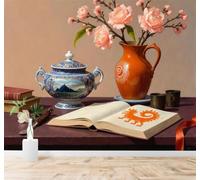 3D Papier Peint En Trois Dimensions Fleurs Roses Vase En Céramique Livres | Tissu en Soie Véritable à la Texture Raffinée Adapté au Salon Chambre Bureau Salle Manger et Mur Derrière le TV-250cm×170cm