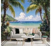 3D Papier Peint En Trois Dimensions Palmiers Plage Tropicale Mer Bleue | Tissu en Soie Véritable à la Texture Raffinée Adapté au Salon Chambre Bureau Salle Manger et Mur Derrière le TV-250cm×170cm