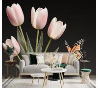 3D Papier Peint En Trois Dimensions Papillon Beauté Tulipes Roses Plantes | Tissu en Soie Véritable à la Texture Raffinée Adapté au Salon Chambre Bureau Salle Manger et Mur Derrière le TV-350cm×256cm