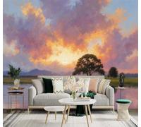 3D Papier Peint Esthétique Arbres Lac Nuages Colorés Coucher De Soleil | Tissu en Soie Véritable à la Texture Raffinée Adapté au Salon Chambre Bureau Salle Manger et Mur Derrière le TV-430cm×300cm