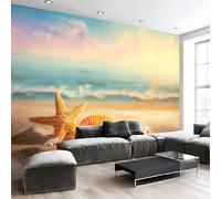 3D Papier Peint Étoiles Mer Et Coquillages Sur La Plage Papier Peint Panoramique Pour Salon Chambre Chambre D'Enfant Décoration Murale (Paysages Plage Rétro, 396 X 280 Cm)