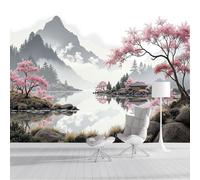 3D Papier Peint Fleurs De Cerisier Des Montagnes, 450x315cm Papier Peint Panoramique Paysage Tranquille Papiers Mural pour Salon Chambre Chambre D'Enfant Décoration Murale, Gris