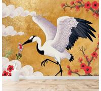 3D Papier Peint Fleurs De Prunier Rouges Oiseaux En Vol Nuages Blancs Doré | Texture Soyeuse Haut de Gamme Adaptée au Bureau à la Salle Manger au Coin Canapé Chambre Salon et Mur Derrière TV-250cm×170cm