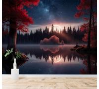 3D Papier Peint Forêt Au Crépuscule Lac Reflets Arbres Rouges Ciel Étoilé