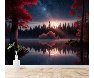 3D Papier Peint Forêt Au Crépuscule Lac Reflets Arbres Rouges Ciel Étoilé