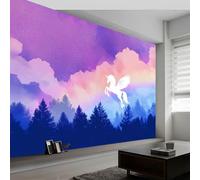 3D Papier Peint Forêt de Dessin Animé Licorne Arc en Ciel, Peinture Murale Photo Style Onirique Mural Poster Salon Chambre Mur de fond Chambre des Enfants Bureau de Maison, 500 x 280 cm (L x H)