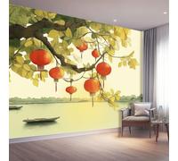 3D Papier Peint Intissé Coloré Moderne pour Salon et Chambre | Décoration Murale Photo Muraux, Poster Aquarelle lac de l'Ouest branches lanternes Motif 400 x 280 cm pour Enfant & Adulte