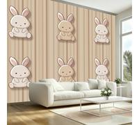 3D Papier Peint Intissé lapin de Pâques Mignon dessin Animé Papier Peint Panoramique Pour Salon Chambre D'Enfant Poster Mural xxl Rayures Géométriques Beiges Décoration Murale 450x315cm(L x H)