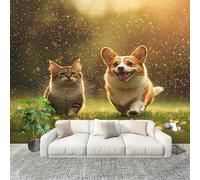 3D Papier Peint Intissé Murale Chat Corgi Mignon Moderne Décoration Murale Fresque Vert Clair Panoramique Fresque Murale Pour Salon & Chambre Fond Tv Décoration Facile À Poser 350x256cm