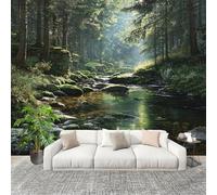 3D Papier Peint Intissé Murale Ruisseau Du Soleil De La ForêT Moderne Décoration Murale Fresque Vert Panoramique Fresque Murale Pour Salon & Chambre Fond Tv Décoration Facile À Poser 350x256cm