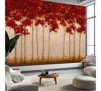 3D Papier Peint intissé Peinture Huile Forêt Feuilles Rouges Bouleau 400 x 280 CM, Papier Peint Panoramique Toison Tapisserie Photo Mural Affiche Pour Salon Chambre D'Enfant Murale - Rouge