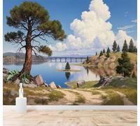 3D Papier Peint Lac Paisible Arbres Ciel Bleu Pont Paysage De Montagne | Texture Soyeuse Haut de Gamme Adaptée au Bureau à la Salle Manger au Coin Canapé Chambre Salon et Mur Derrière TV-400cm×280cm