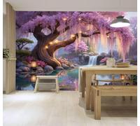 3D Papier Peint Lac Paisible Cerisiers En Fleurs Lanternes Cascade Pays | Texture Soyeuse Haut de Gamme Adaptée au Bureau à la Salle Manger au Coin Canapé Chambre Salon et Mur Derrière TV-300cm×210cm