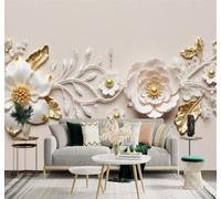 3D Papier Peint Luxe Discret Fleurs Blanches Feuilles Dorées Art Pétales | Texture Soyeuse Haut de Gamme Adaptée au Bureau à la Salle Manger au Coin Canapé Chambre Salon et Mur Derrière TV-430cm×300cm