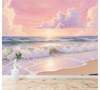 3D Papier Peint Magnifique Coucher De Soleil Rose Vagues Plage Nuages | Texture Soyeuse Haut de Gamme Adaptée au Bureau à la Salle Manger au Coin Canapé Chambre Salon et Mur Derrière TV-430cm×300cm