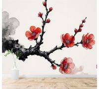 3D Papier Peint Minimaliste Encre De Chine Fleurs Prunier Rouges Branches