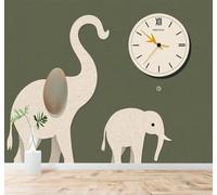 3D Papier Peint Minimaliste Famille D'Éléphants Horloge Abstrait Vert | Texture Soyeuse Haut de Gamme Adaptée au Bureau à la Salle Manger au Coin Canapé Chambre Salon et Mur Derrière TV-200cm×140cm