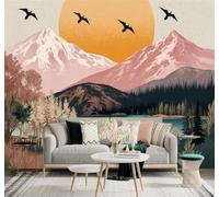 3D Papier Peint Montagnes Enneigées Coucher De Soleil Oiseaux En Vol Pinède | Soie Texturée Haut de Gamme Idéale Pour le Bureau la Salle à Manger Salon Chambre Canapé et Décoration Murale-430cm×300cm