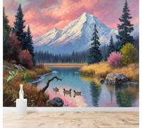 3D Papier Peint Montagnes Enneigées Lac Pins Canards Reflets Du Coucher | Soie Texturée Haut de Gamme Idéale Pour le Bureau la Salle à Manger Salon Chambre Canapé et Décoration Murale-200cm×140cm