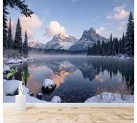 3D Papier Peint Montagnes Enneigées Lac Reflet Pinède Hivernale Paysage | Soie Texturée Haut de Gamme Idéale Pour le Bureau la Salle à Manger Salon Chambre Canapé et Décoration Murale-200cm×140cm