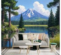 3D Papier Peint Montagnes Enneigées Lac Reflet Pinède Paysage Naturel | Soie Texturée Haut de Gamme Idéale Pour le Bureau la Salle à Manger Salon Chambre Canapé et Décoration Murale-300cm×210cm