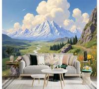 3D Papier Peint Montagnes Enneigées Rivières Vallées Prairies Fleurs Ciel | Soie Texturée Haut de Gamme Idéale Pour le Bureau la Salle à Manger Salon Chambre Canapé et Décoration Murale-150cm×105cm