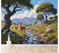 3D Papier Peint Montagnes Ruisseau Troupeau De Cerfs Arbres Ciel Bleu | Texture Soyeuse Haut de Gamme Adaptée au Bureau à la Salle Manger au Coin Canapé Chambre Salon et Mur Derrière TV-200cm×140cm
