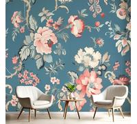 3D Papier Peint Motif Floral, 250x175cm Papier Peint Panoramique Style Rétro Papiers Mural pour Salon Chambre Chambre D'Enfant Décoration Murale, Bleu Foncé