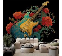 3D Papier Peint Murale Motif Guitare Roses Rococo Papier Peint Panoramique Mural Affiche Géante Décoration Pour Salon TV Fond Chambre D'Enfant Décoration 250 x 175 cm Rock gothique