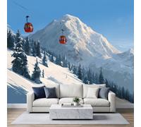 3D Papier Peint Murale Motif Montagnes enneigées Skieur Téléphérique Papier Peint Panoramique Mural Affiche Géante Décoration Pour Salon TV Fond Chambre D'Enfant Décoration 150 x 105 cm