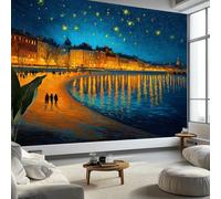 3D Papier Peint Nuit étoilée Côte Plage Personnes Papier peint panoramique Bleu foncé - Pour Salon Chambre Chambre D'Enfant Décoration Murale Poster 350 x 256 CM